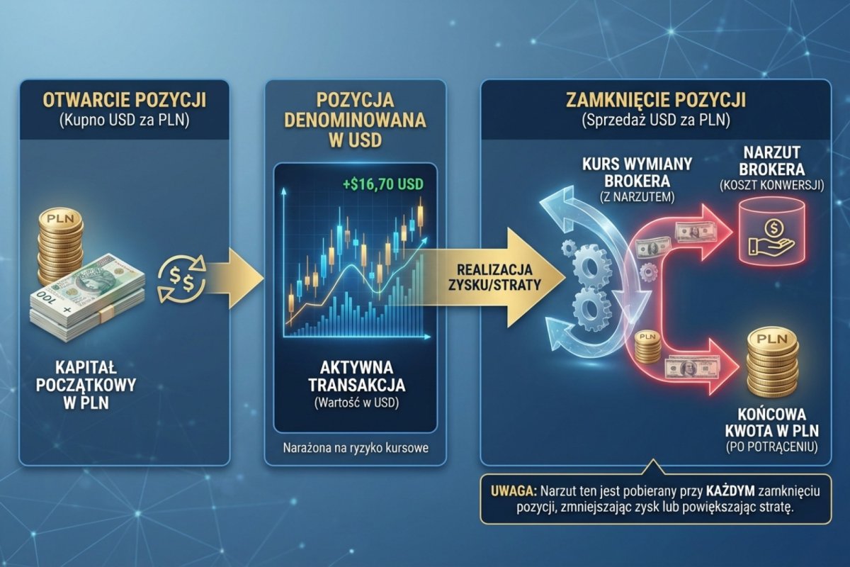 Koszt przewalutowania na rachunku w PLN — narzut brokera przy zamknięciu pozycji rozliczanej w walucie innej niż waluta rachunku