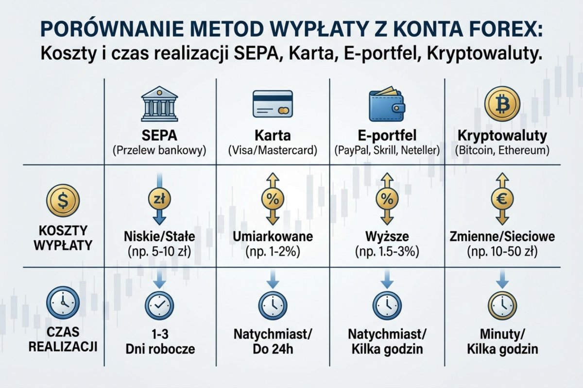 Porównanie metod wypłaty z rachunku brokerskiego — koszty i czas realizacji przelewu SEPA, karty, e-portfela i kryptowalut
