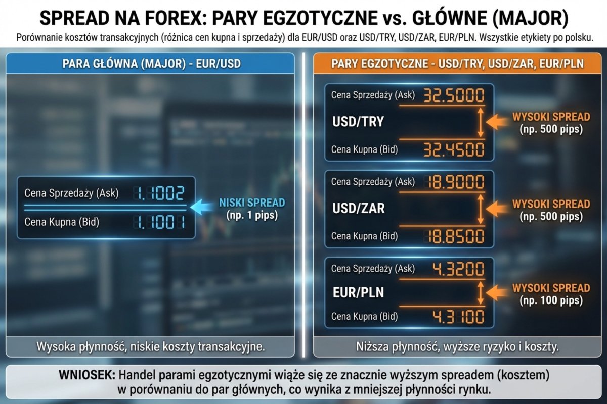 Pary egzotyczne a majory — schemat pokazujący, że spreadu nie da się porównać między nimi, dopóki nie odczyta się contract size, tick size i tick value ze specyfikacji instrumentu