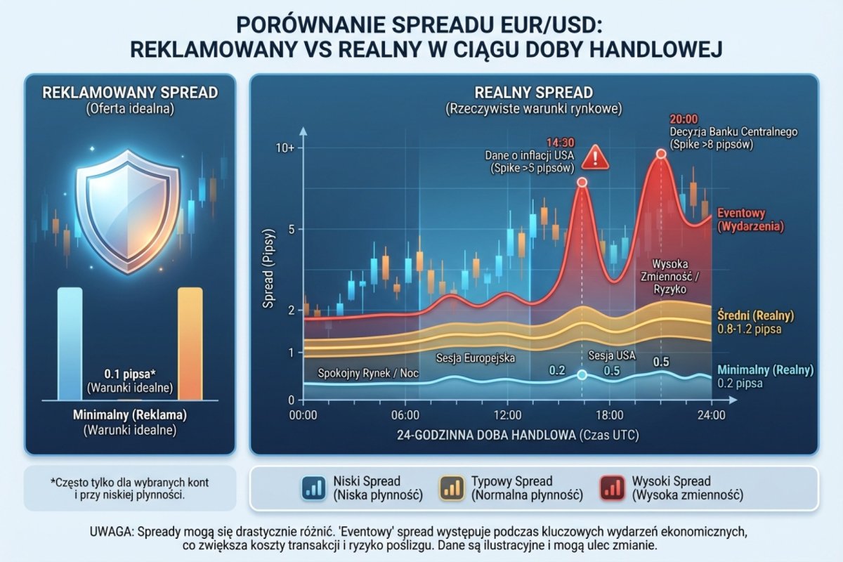 Spread reklamowany vs realny na EUR/USD — porównanie minimum, średniej i spreadu eventowego w ciągu doby handlowej
