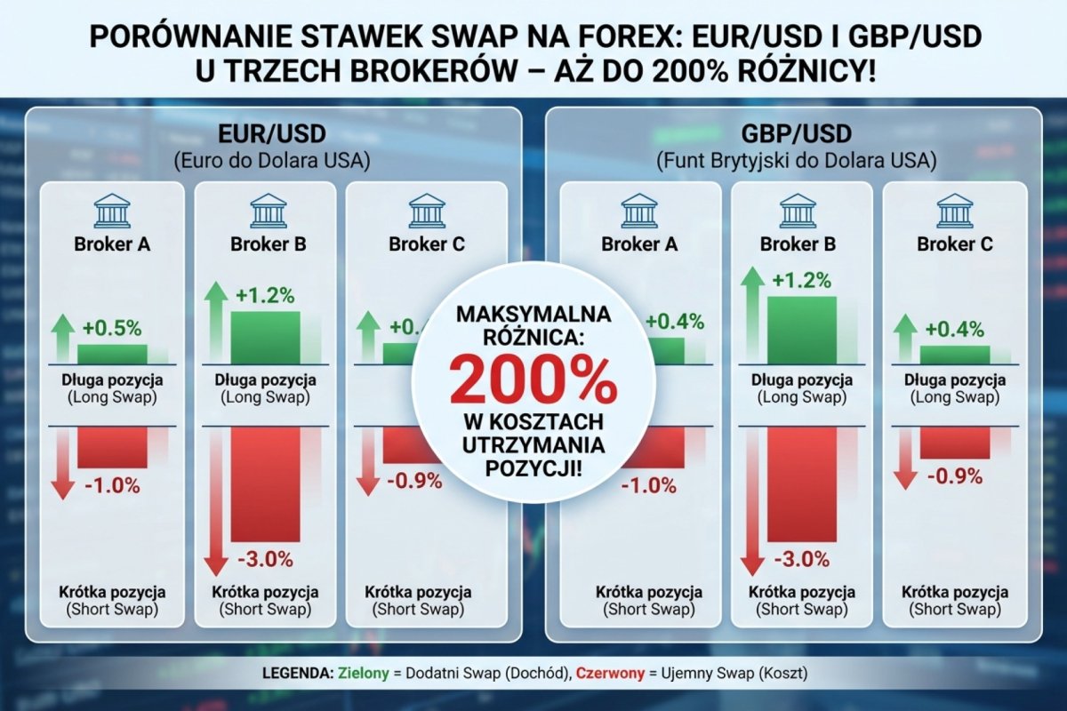 Porównanie stawek swapu na EUR/USD u dwóch brokerów — wartości ilustracyjne minus 6,50 i minus 3,20 USD za lot za noc, z których droższa jest o 103 procent wyższa od tańszej