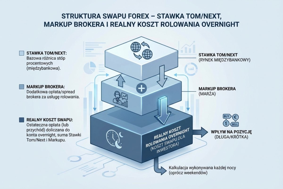 Struktura kosztu finansowania pozycji overnight — rynkowa stawka Tom/Next, narzut brokera i wynikowa stawka swapu naliczana klientowi