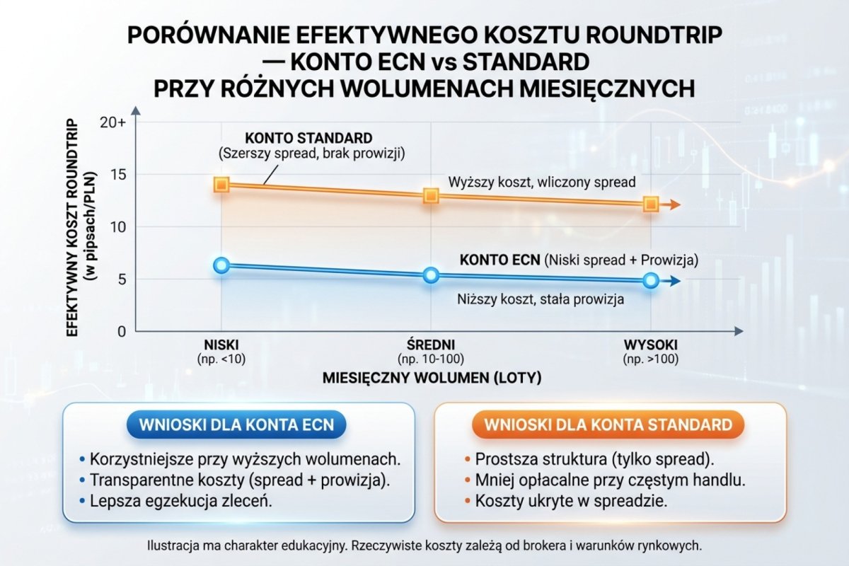 Porównanie kosztu obrotu zamkniętego — rachunek raw z prowizją i rachunek bez prowizji przy tym samym wolumenie