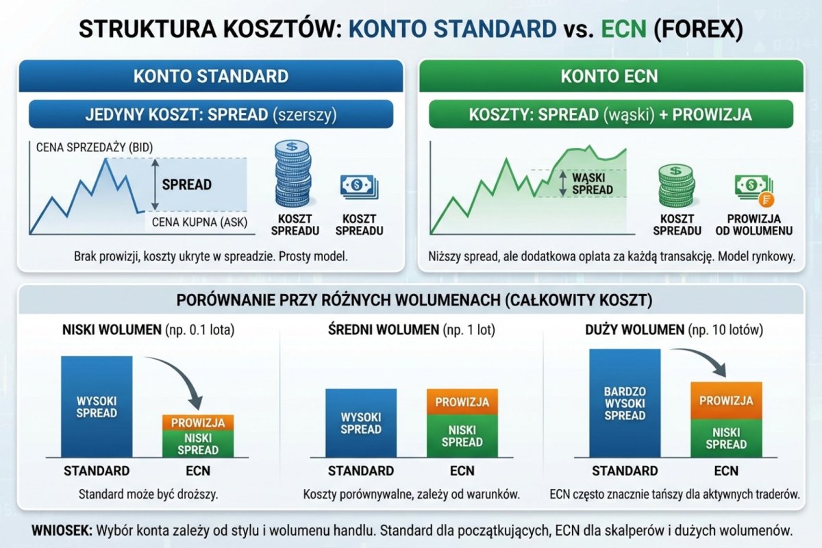 Struktura kosztów rachunku Standard — cały koszt transakcji zawarty w spreadzie, bez osobnej pozycji prowizyjnej