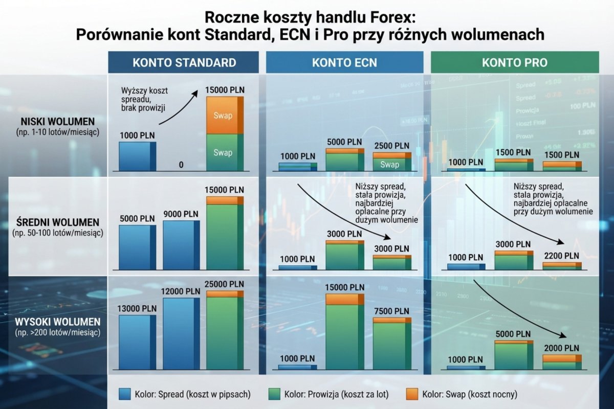 Koszt roczny handlu na rachunku bez prowizji, raw i Pro przy pięciu poziomach miesięcznego obrotu