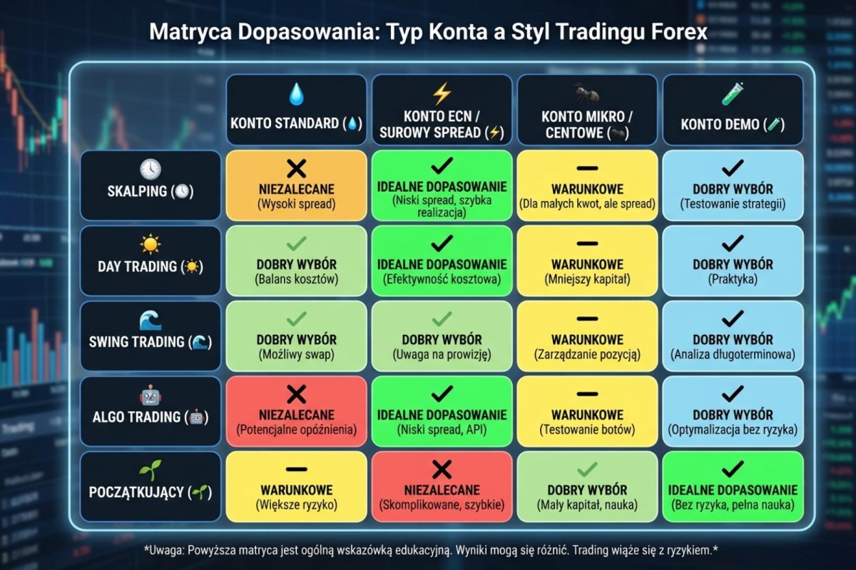 Matryca doboru typu rachunku do stylu handlu — scalping, day trading, swing trading, handel automatyczny, początek i duży obrót