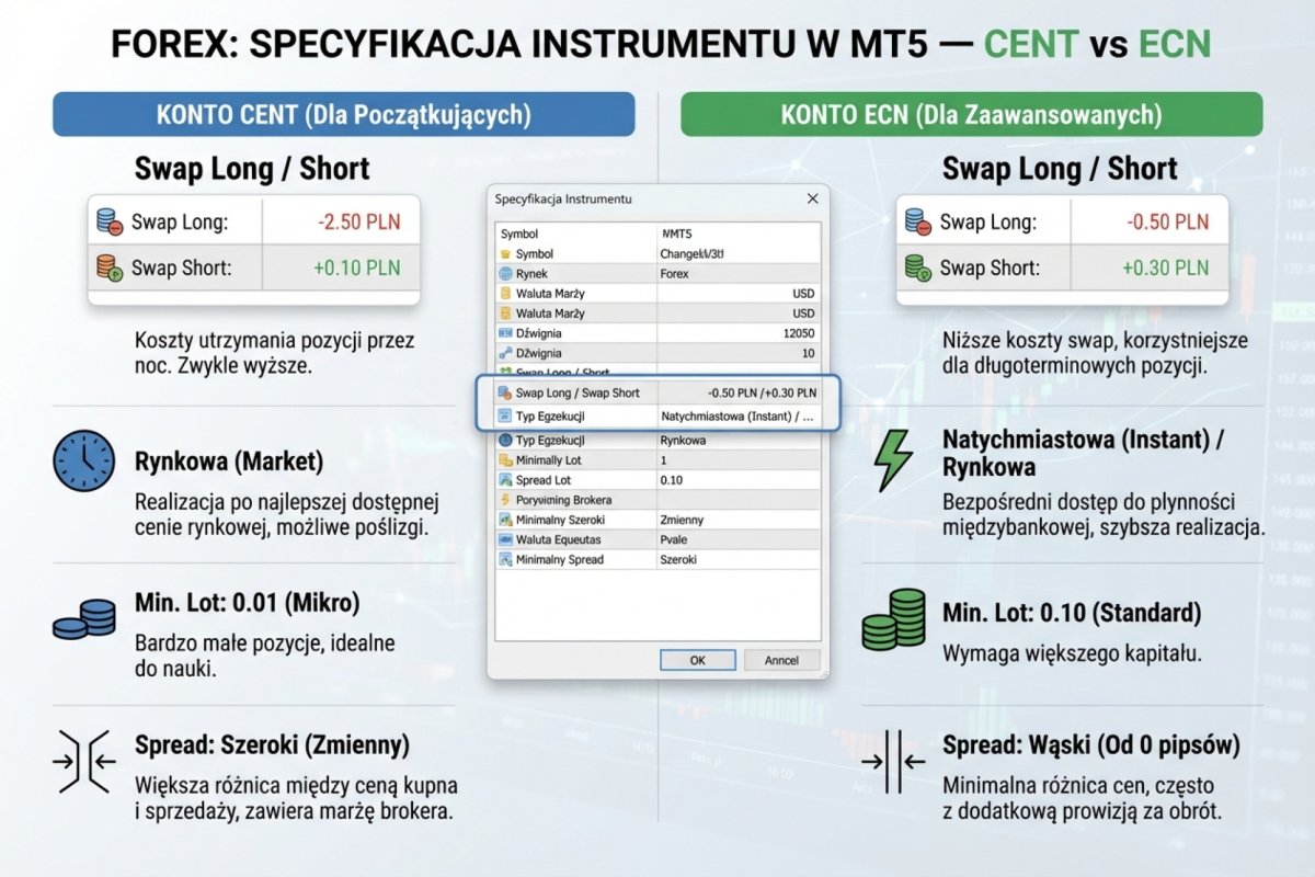 Okno specyfikacji instrumentu w platformie MetaTrader — wielkość kontraktu, krok wolumenu, depozyt zabezpieczający oraz punkty swapowe dla pozycji długiej i krótkiej