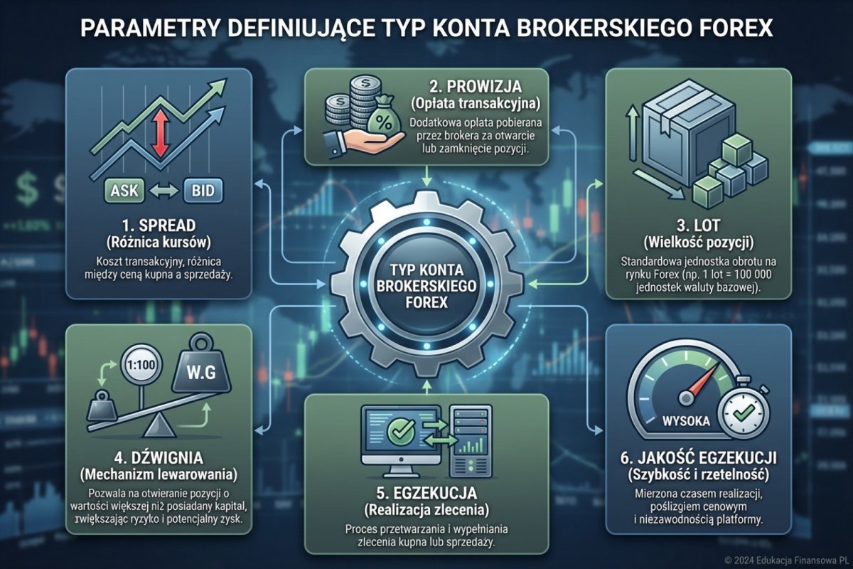 Sześć parametrów definiujących typ rachunku brokerskiego Forex — model spreadu, prowizja, wolumen, model wykonania, depozyt zabezpieczający i punkty swapowe