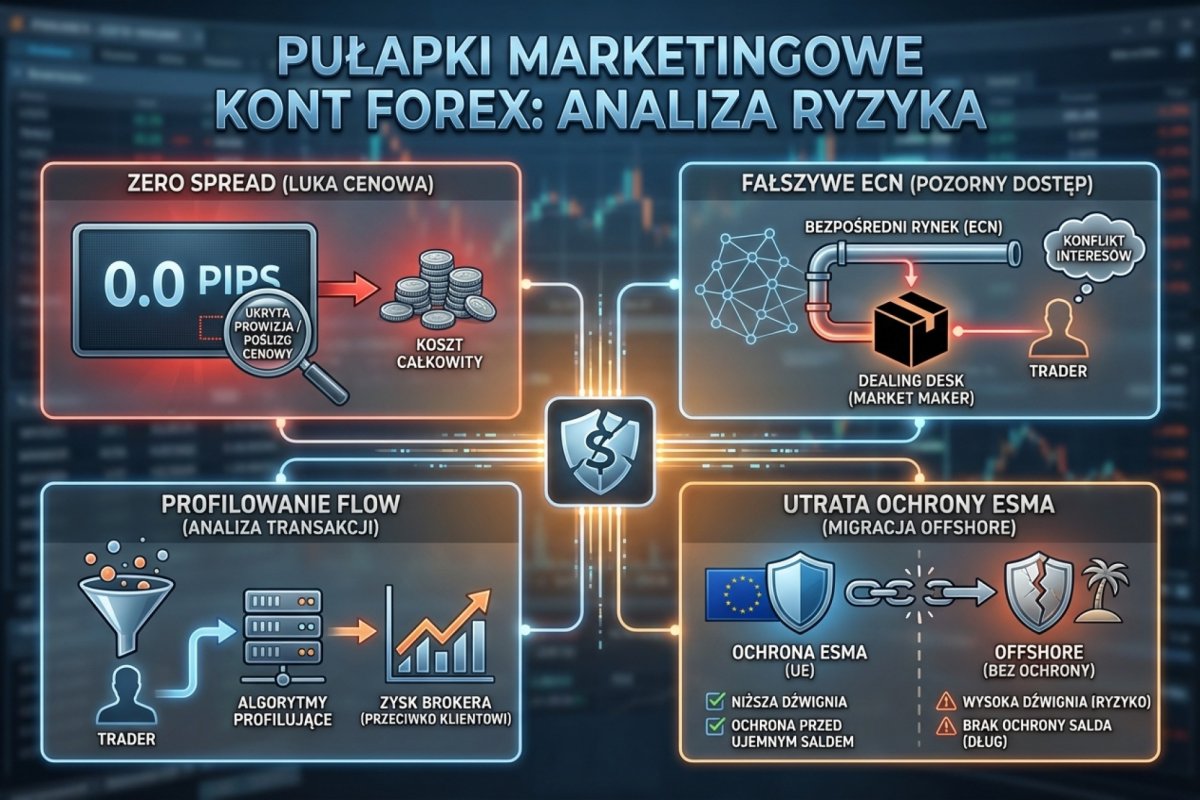 Pułapki w opisach rachunków brokerskich — spread zerowy przy wysokiej prowizji, etykieta ECN bez informacji o modelu wykonania, luka weekendowa przy zleceniu obronnym i różne poziomy zamykania pozycji