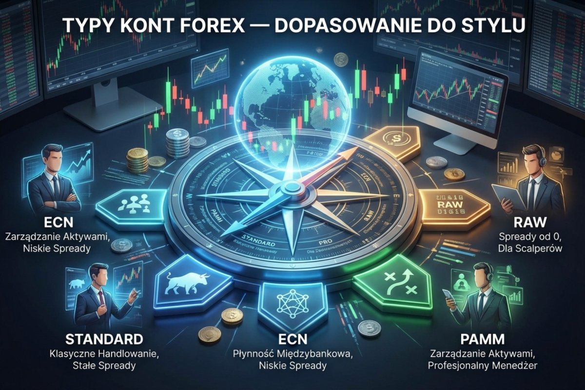Zestawienie parametrów rachunków brokerskich Forex — Standard, Raw, Pro, Cent, bez punktów swapowych i demonstracyjny