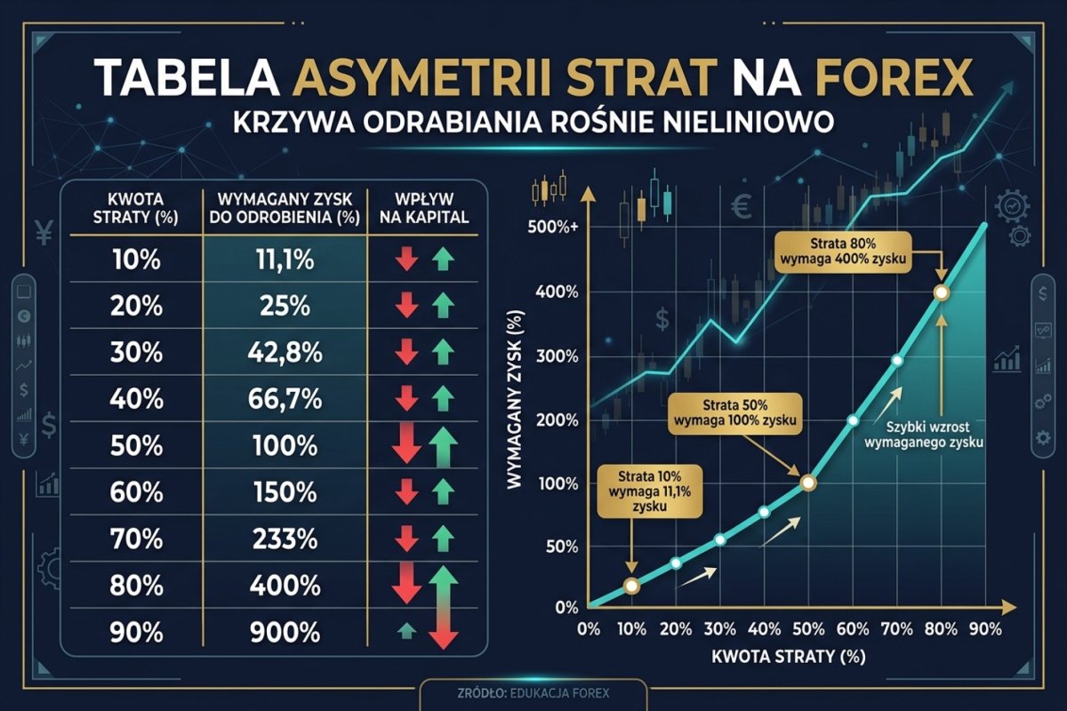 Asymetria odrabiania obsunięcia kapitału: 10% wymaga 11,1% zwrotu, 50% wymaga 100%, 80% wymaga 400%. Zależność Z = DD/(1 − DD) jest tożsamością arytmetyczną, liczoną brutto, więc każda wartość jest oszacowaniem dolnym — pomija koszt wykonania i czas
