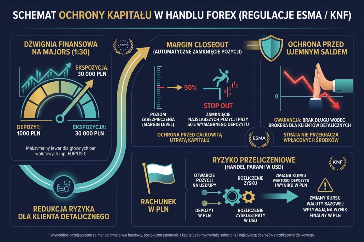 Parametry rachunku detalicznego według decyzji KNF nr DAS.456.2.2019 z 1 sierpnia 2019 r., obowiązującej od 2 sierpnia 2019 r., stan prawny przyjęty 3 sierpnia 2026 r.: dźwignia 30:1 dla głównych par, próg przymusowego zamknięcia na poziomie 50% minimalnego wymaganego depozytu liczony na poziomie rachunku, ochrona przed saldem ujemnym. Ochrona przed saldem ujemnym ogranicza dług wobec pośrednika i nie chroni wpłaconego kapitału