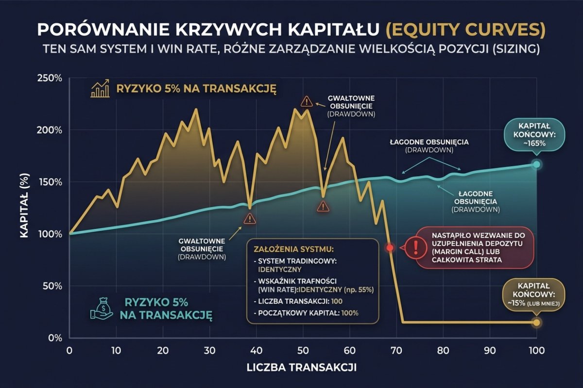 Dwa przebiegi kapitału dla tej samej serii wyników przy ryzyku 1% i 5% na transakcję. Dziesięć strat z rzędu zabiera 9,56% kapitału w pierwszym wariancie i 40,13% w drugim; powrót wymaga odpowiednio 10,57% i 67,02%. Wartości ilustracyjne, brutto, baza: kapitał bieżący aktualizowany przed każdą transakcją