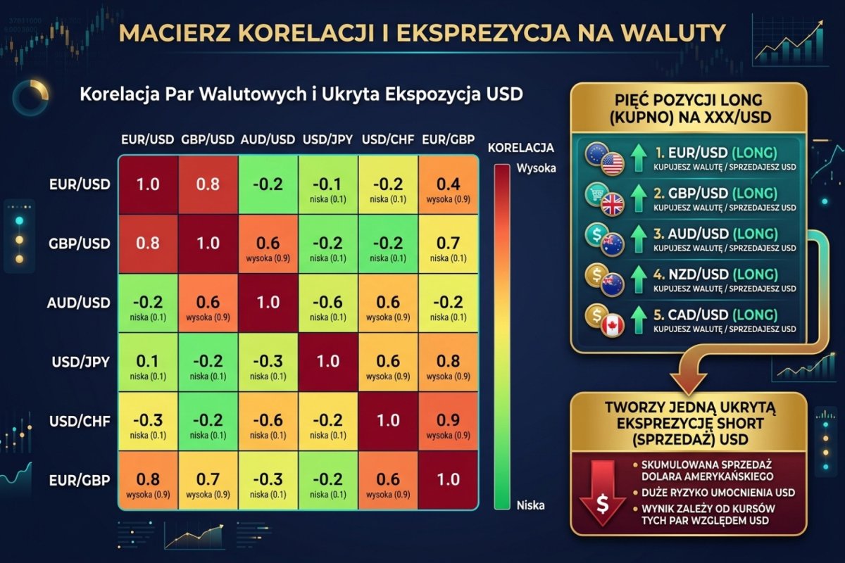 Macierz korelacji sześciu par walutowych i wynikająca z niej ekspozycja netto na jedną walutę: kilka pozycji o różnych nazwach składa się na jeden zakład kierunkowy. Wartość w komórce zależy od okresu, częstotliwości obserwacji, transformacji szeregu i liczby obserwacji — bez tych czterech parametrów nie jest daną, tylko liczbą
