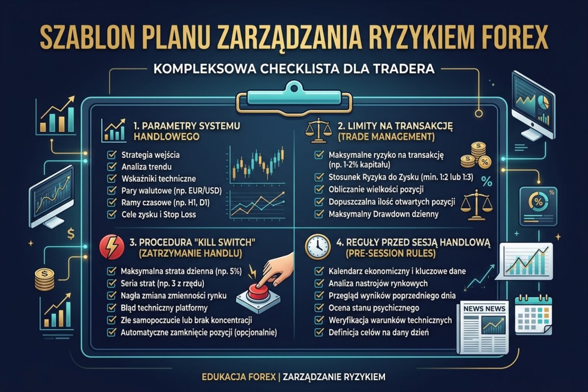 Szkielet planu zarządzania ryzykiem: pola na własne liczby — baza ryzyka, ryzyko na transakcję, kaskada limitów, próg zatrzymania i warunek wznowienia — każde z numerem artykułu, z którego liczba pochodzi. Zapis planu nie wymusza jego wykonania; usuwa tylko konieczność rozstrzygania czegokolwiek w momencie straty