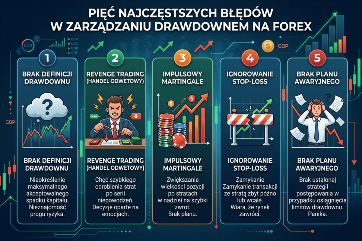 Sumowanie procentów liczonych od zmieniającej się bazy — pięć strat po 1% daje 4,90%, a nie 5%, i przy obsunięciu 10% od szczytu łącznie 14,41%, a nie 15%; kwoty w kolumnie trzeciej tabeli liczą się od 45 000 PLN. Wykres dotyczy wyłącznie rachunku od zmieniającej się bazy, a nie odgrywania się ani innych zachowań po stracie