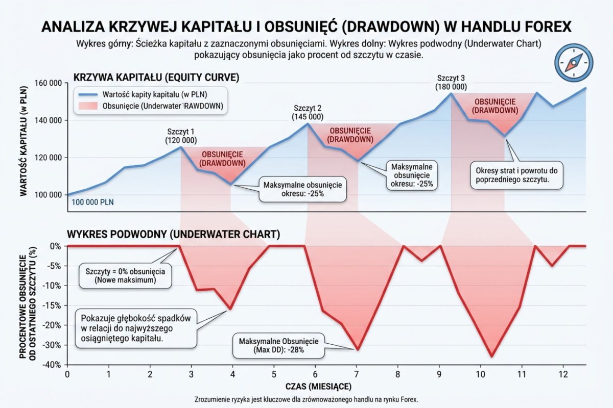 Przebieg kapitału z zaznaczonymi obsunięciami i odpowiadający mu wykres podwodny — obsunięcie jako procent ostatniego szczytu w czasie; wartości ilustracyjne, rachunek w PLN