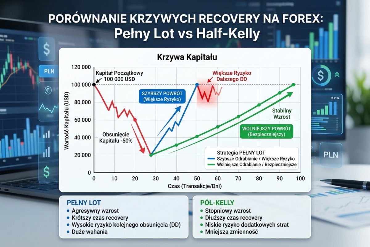 Odrabianie obsunięcia 15% przy dwóch wielkościach ryzyka na transakcję — 41 transakcji przy 1% kapitału bieżącego wobec 81 przy 0,5%, przy wartości oczekiwanej +0,4R przyjętej za stałą; redukcja ekspozycji jest tu ustaleniem operacyjnym, a nie wynikiem kryterium doboru wielkości pozycji, i nie jest ułamkiem Kelly'ego — kryterium Kelly'ego nie zawiera żadnej reguły zmiany ekspozycji po obsunięciu (sekcja 8)