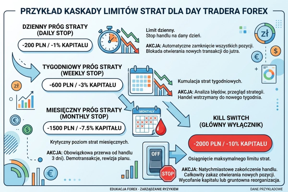 Poziomy kaskady limitów przeliczone na liczbę strat z rzędu przy ryzyku 1% kapitału bieżącego — wartości ilustracyjne, rachunek 50 000 PLN; wyprowadzenie progów w artykule 9.3