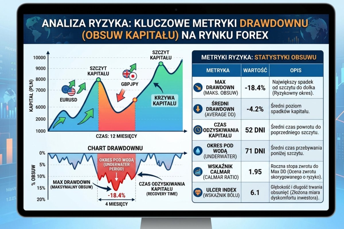 Miary obsunięcia na jednym przebiegu — obsunięcie maksymalne i średnie, czas powrotu, okres poniżej szczytu, wskaźnik Calmara i Ulcer Index; wartości ilustracyjne, baza: szczyt kapitału bieżącego