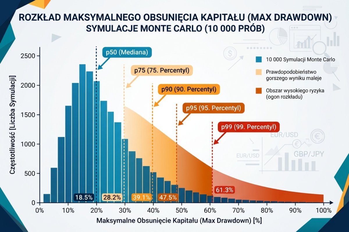 Rozkład największego obsunięcia z symulacji na 200 transakcjach z zaznaczonymi kwantylami p50, p75, p90, p95 i p99 — wartości ilustracyjne; kwantyl nie jest najgorszym przypadkiem