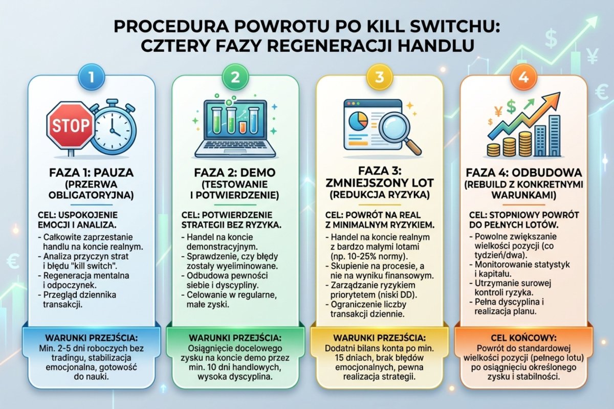 Warunek wznowienia w czterech fazach — przerwa, rachunek testowy, zmniejszona ekspozycja, ekspozycja docelowa; każda faza z warunkiem przejścia zapisanym z góry