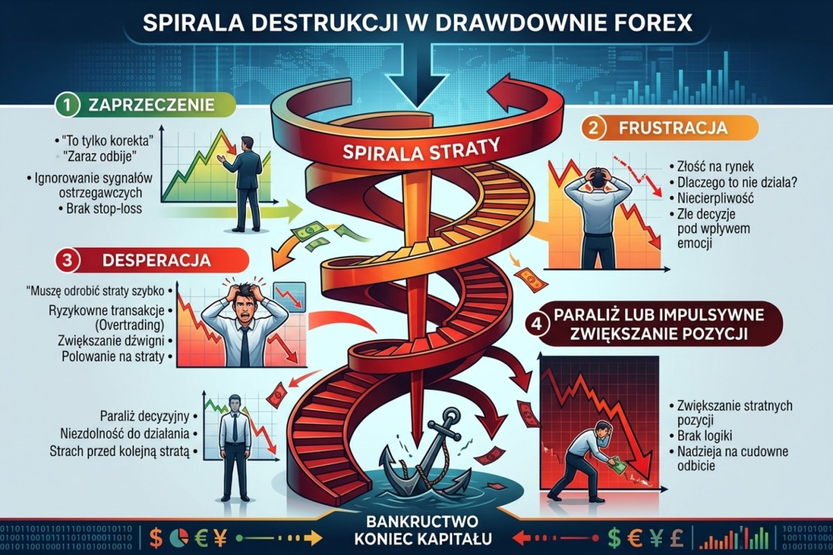 Dwa tory dojścia do tej samej głębokości obsunięcia — seria strat pod rząd i ciąg mieszany; w pomiarze z tej sekcji (trafność 45%, ryzyko 1%, 200 transakcji, 20 000 ścieżek) głębokość 15% osiąga 14,7% ścieżek, a sama seria odpowiada za nie więcej niż 0,3 punktu procentowego; próg zatrzymania nie rozróżnia, którym torem rachunek doszedł; nie ma tu odgrywania się ani spirali zachowań — oba tory są ciągami transakcji o zadanych parametrach