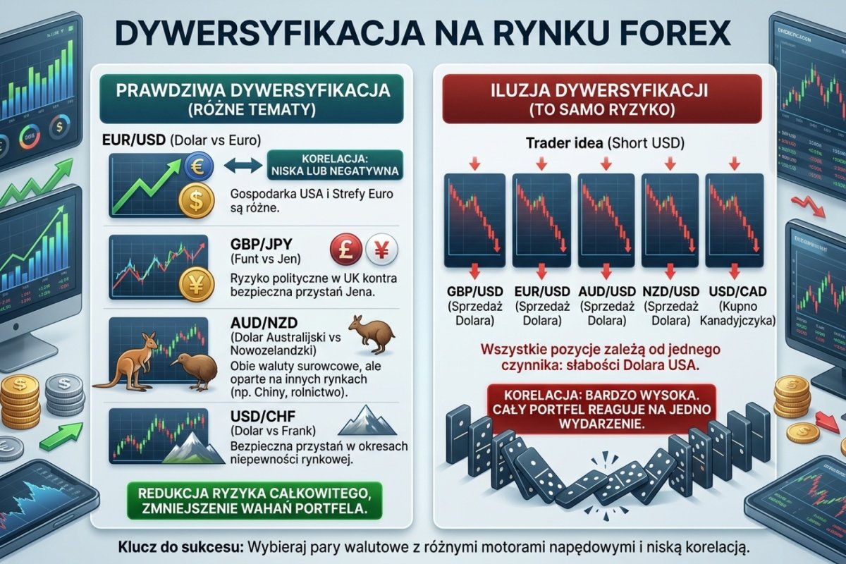 Dywersyfikacja na rynku walutowym — dobór par z różnych czynników obniża modelową zmienność portfela, ale nie zmienia sumy strat przy jednoczesnym zadziałaniu wszystkich wyjść obronnych