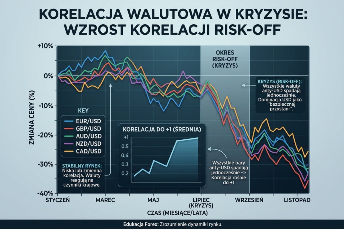 Zacieśnienie zależności między parami w oknie stresu — pary o wspólnym czynniku dolarowym tracą w tych samych sesjach; wykres pokazuje kierunek zjawiska, a nie wartość obowiązującą w konkretnym oknie