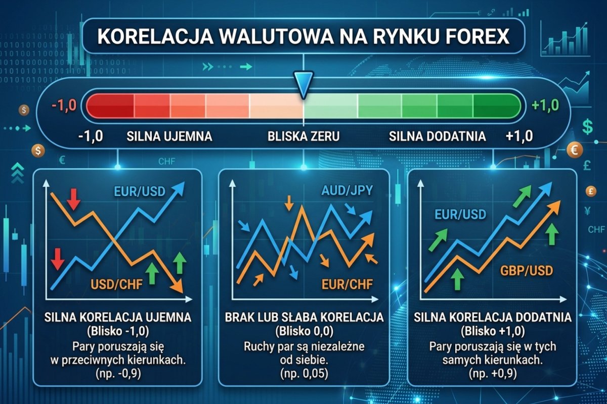 Skala korelacji od −1 do +1 z przykładami par: EUR/USD i USD/CHF (silna ujemna), EUR/USD i GBP/USD (silna dodatnia), AUD/JPY i EUR/CHF (bliska zeru). Wartości ilustracyjne — bez okresu, częstotliwości, transformacji i liczby obserwacji żaden taki odczyt nie jest daną pomiarową