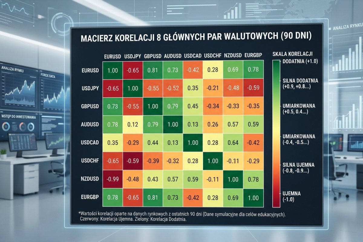 Macierz korelacji ośmiu par (siedem głównych i EUR/GBP) na logarytmicznych stopach zwrotu dziennych — wartości ilustracyjne z kartą pomiaru: okres 28.05–30.09.2025, 89 obserwacji zwrotów, pomiar 30.09.2025; do rachunku portfelowego wymagają przeniesienia znaku zgodnie z kierunkami pozycji