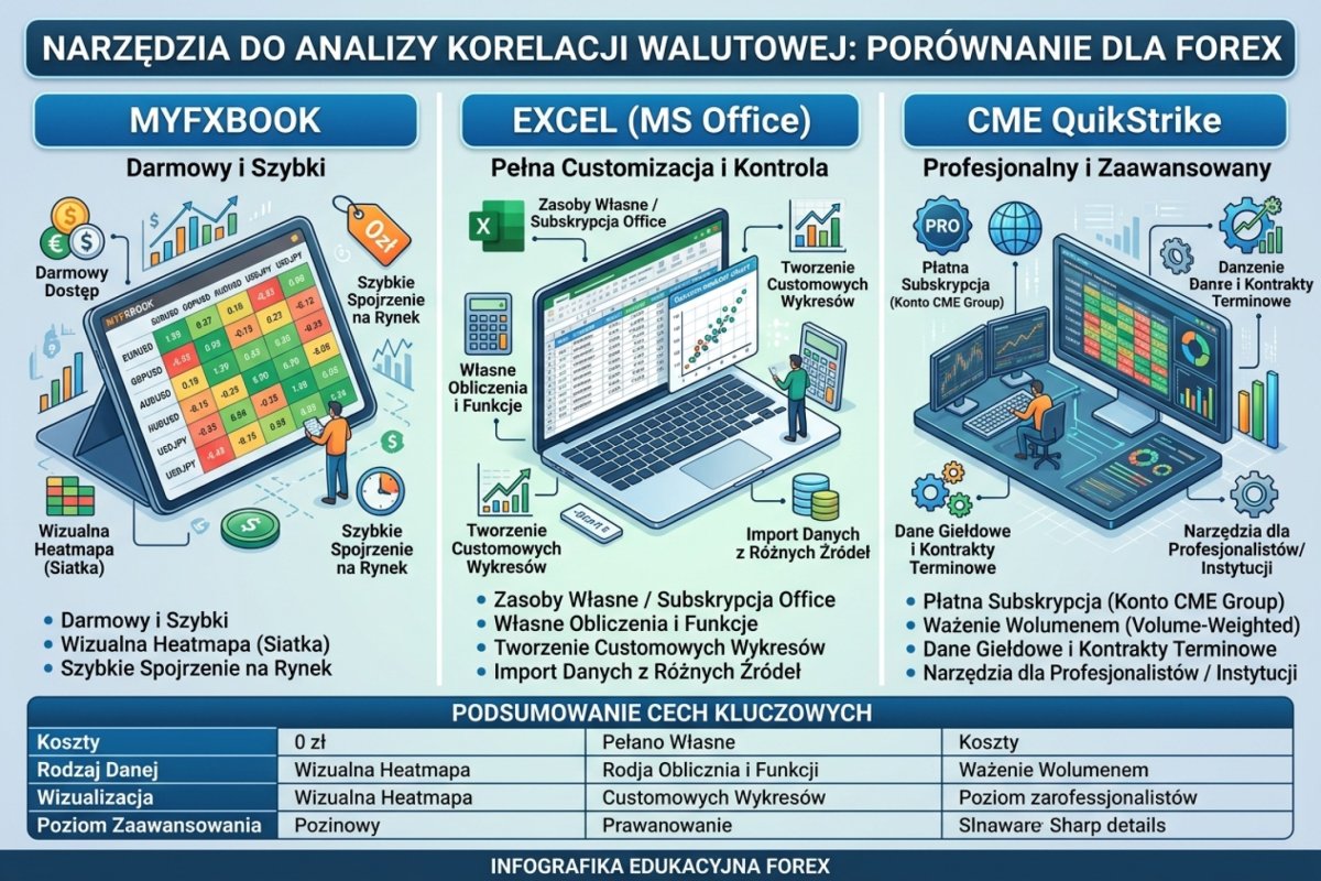 Karta opisu korelacji — cztery parametry pomiaru (okres, częstotliwość, transformacja, liczba obserwacji), które muszą stać przy każdym współczynniku, żeby wynik dało się odtworzyć i porównać; grafika pokazuje sam schemat karty, a nie zestawienie serwisów liczących korelację — przegląd narzędzi należy do działów 11–13