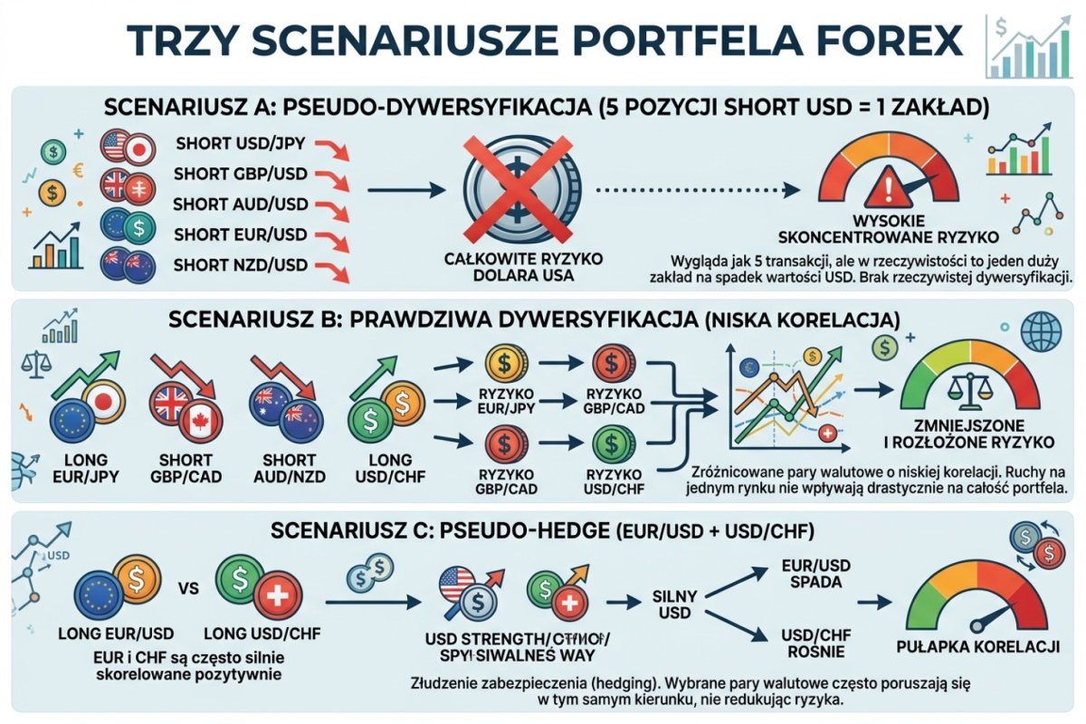Trzy portfele policzone tą samą metodą — A: pięć pozycji o jednej ekspozycji na dolara, B: trzy różne czynniki, C: dwie pozycje znoszące się na czynniku dolarowym; przy każdym podano modelową zmienność i osobno sumę strat przy zadziałaniu wyjść