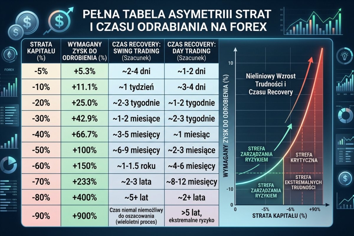 Tabela odrabiania obsunięcia od −5% do −90%: zwrot wymagany do powrotu na szczyt oraz liczba transakcji o wartości oczekiwanej +0,4% przy dwóch bazach — stałej kwocie ryzyka i stałym procencie kapitału bieżącego; wartości ilustracyjne, liczby transakcji brutto, bez kosztu wykonania