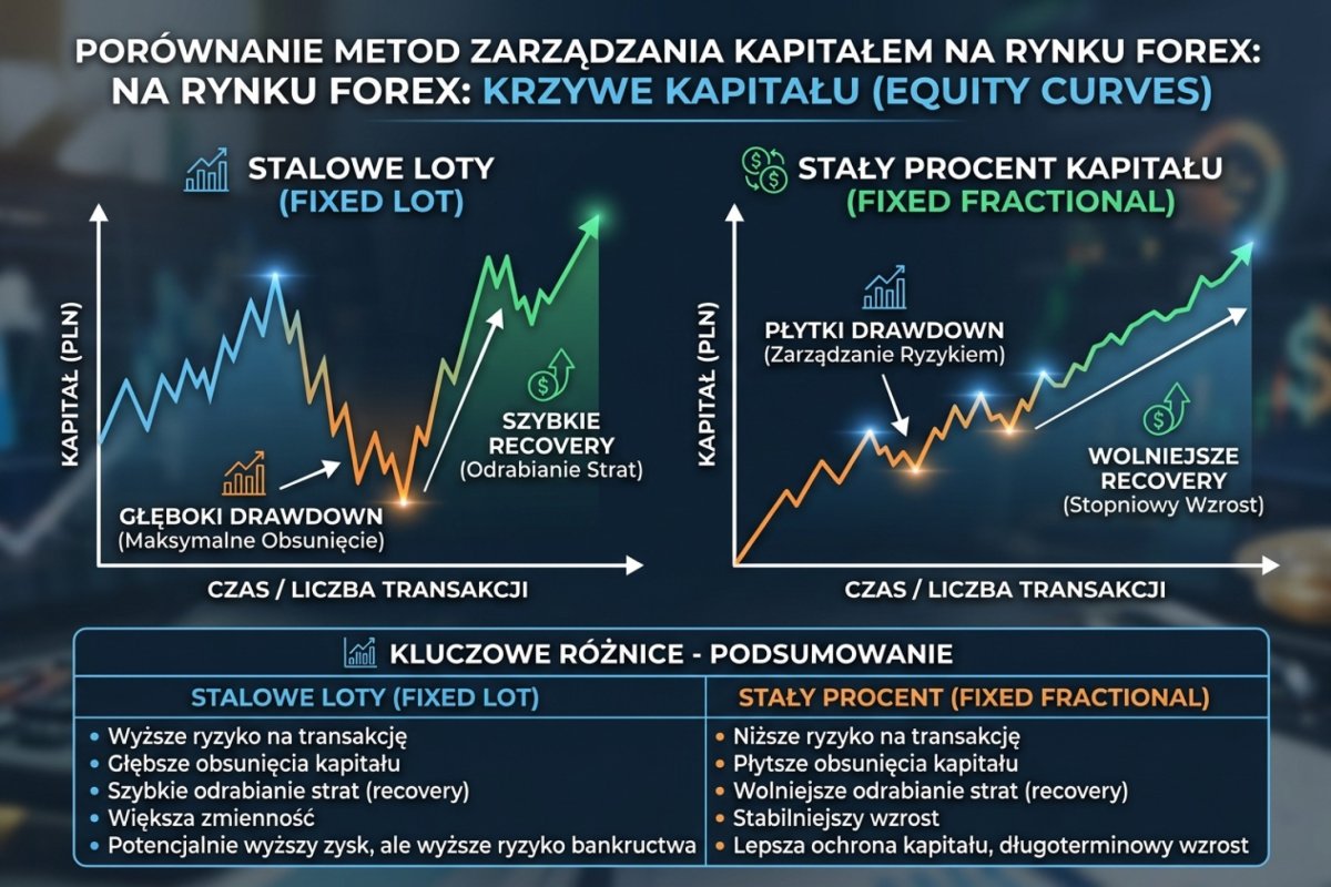 Dwa przebiegi kapitału przy tej samej serii wyników — schemat poglądowy: przy stałej kwocie ryzyka obsunięcie jest głębsze, a powrót szybszy; przy stałym procencie kapitału bieżącego obsunięcie jest płytsze, a powrót dłuższy
