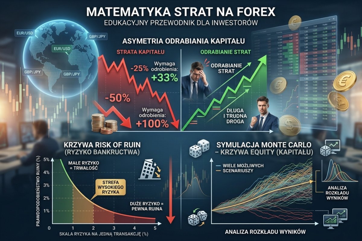 Matematyka strat: krzywa asymetrii odrabiania obsunięcia kapitału oraz tabela modelowego ryzyka ruiny — wartości z modelu o jawnych założeniach, nie pomiar — dla kolejnych poziomów ryzyka na transakcję