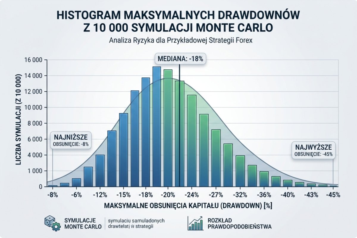 Rozkład maksymalnego obsunięcia z symulacji: histogram wartości dla wszystkich przebiegów, z zaznaczoną medianą i 95. percentylem — wartości ilustracyjne dla zadanych parametrów wejściowych; poza 95. percentylem rachunek straty nie ogranicza