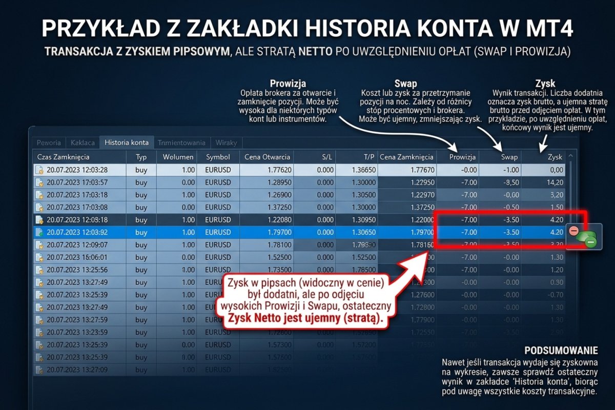 Schemat rozliczenia jednej transakcji dwa razy, nie zrzut z platformy: wynik brutto z samej różnicy kursów i wynik netto po prowizji oraz punktach swapowych; wartości przykładowe, do rachunku wartości oczekiwanej wchodzi liczba netto
