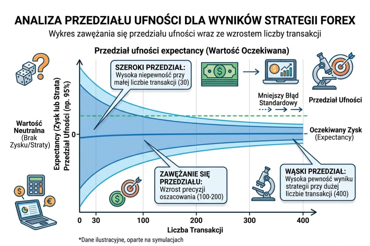 Szerokość przedziału ufności dla wartości oczekiwanej w funkcji liczby transakcji: od ±0,54R przy 30 obserwacjach do ±0,09R przy tysiącu — przy ilustracyjnym odchyleniu standardowym 1,5R i założeniu niezależności obserwacji
