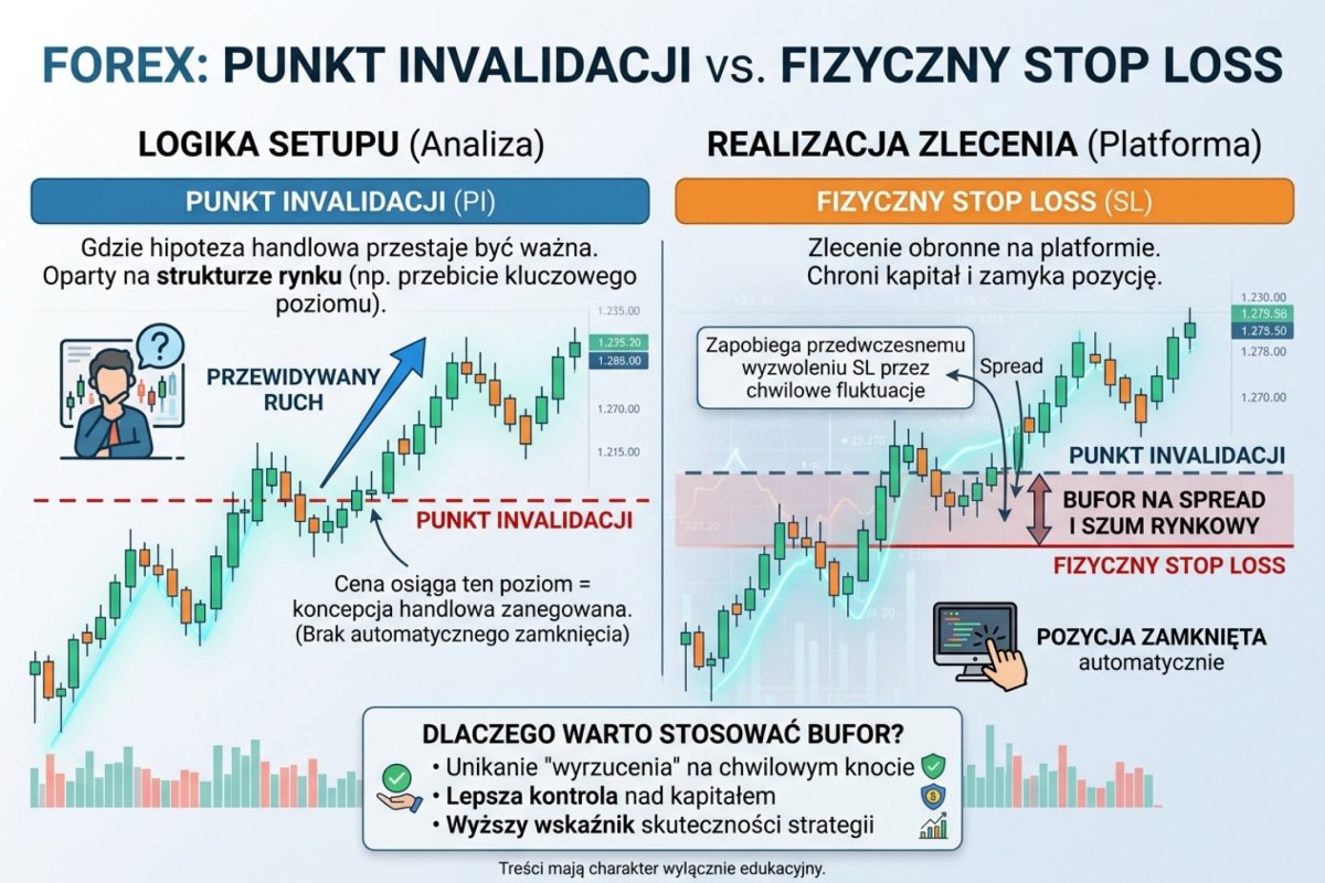 Różnica między punktem unieważnienia hipotezy a poziomem zlecenia obronnego — bufor na spread i szum wydłuża odległość D, więc przy niezmienionym ryzyku zmniejsza wolumen