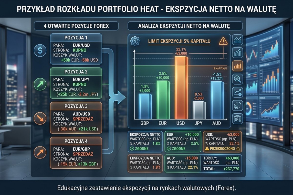 Przykład wypełnionego pola 4 — cztery pozycje rozłożone na waluty składowe, z limitem ryzyka skupionego na jedną walutę; wartości ilustracyjne