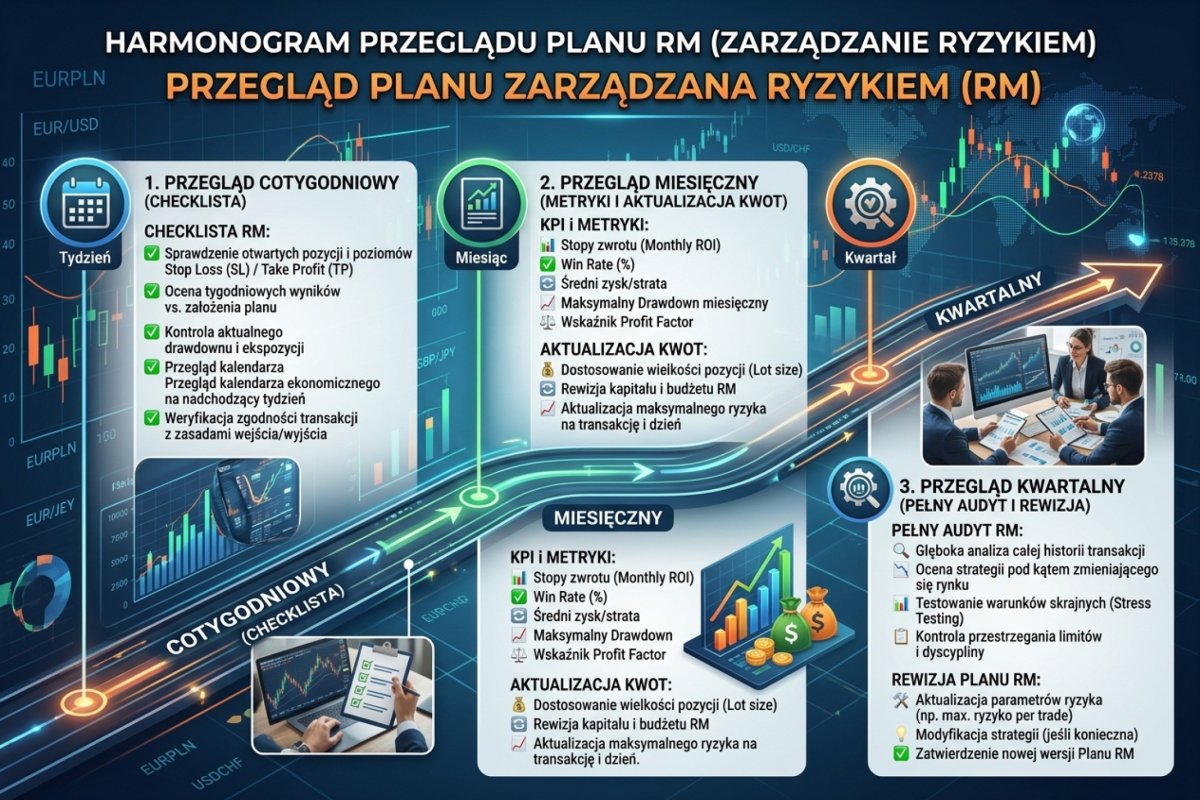 Przykładowe terminy przeglądu parametrów planu — wartości ilustracyjne: kwoty zależne od bazy przeliczają się same w momentach odczytu bazy, terminy dotyczą przeglądu dokumentu, a własną częstotliwość wyznacza liczba transakcji i stabilność parametru