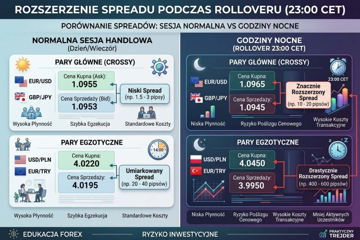 Rozszerzenie spreadu w oknie rolowania w porównaniu z sesją spokojną — powód, dla którego plan zapisuje cztery reżimy spreadu zamiast jednej liczby; wartości ilustracyjne