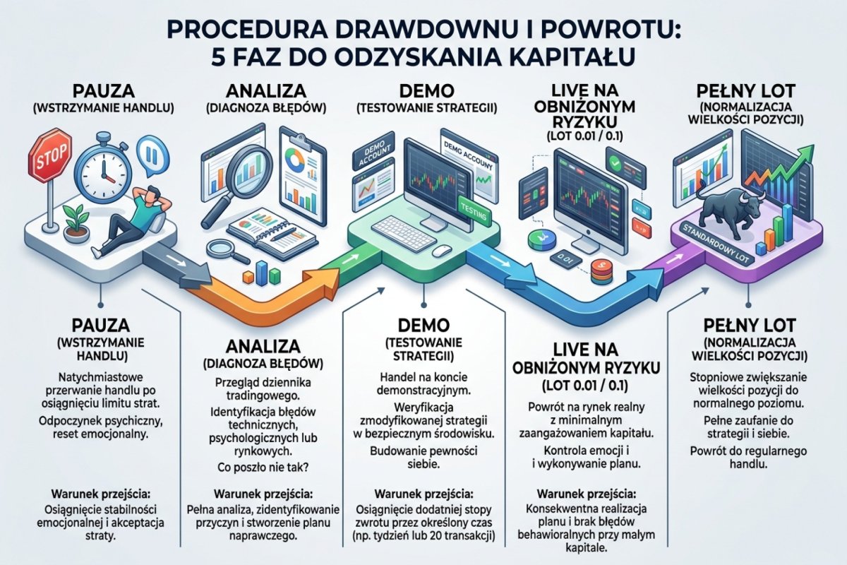 Procedura zatrzymania i wznowienia rozpisana na fazy — przerwa, przegląd, powrót przy obniżonej ekspozycji, powrót do ekspozycji pełnej, z warunkiem przejścia zapisanym przy każdej fazie