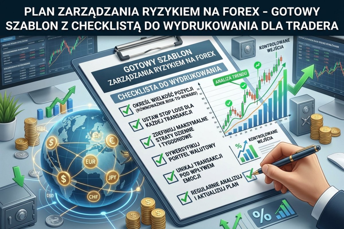 Plan zarządzania ryzykiem na Forex — szablon z polami do wypełnienia własnymi liczbami i karta kontrolna przed wejściem w pozycję