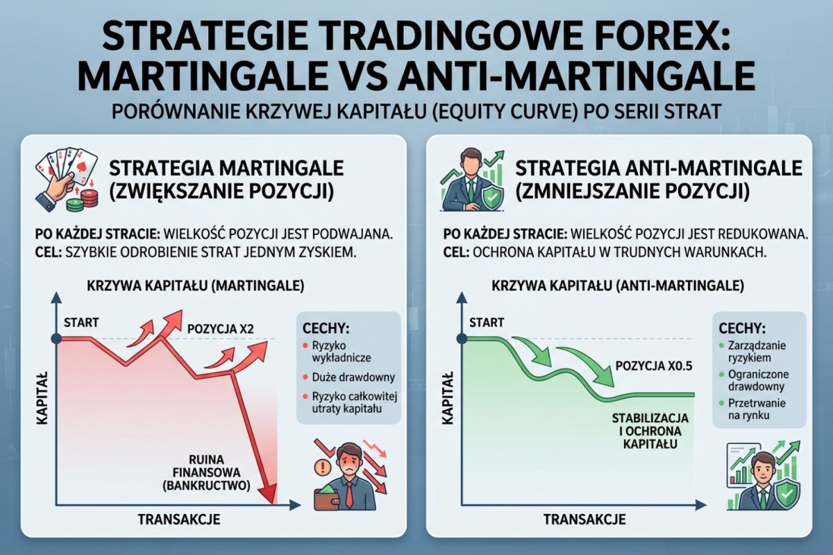 Dwa kierunki skalowania stawki po stracie — frakcja liczona od kapitału bieżącego zmniejsza wolumen po serii strat, podnoszenie stawki po stracie przenosi ryzyko z wielu małych zdarzeń na jedno duże