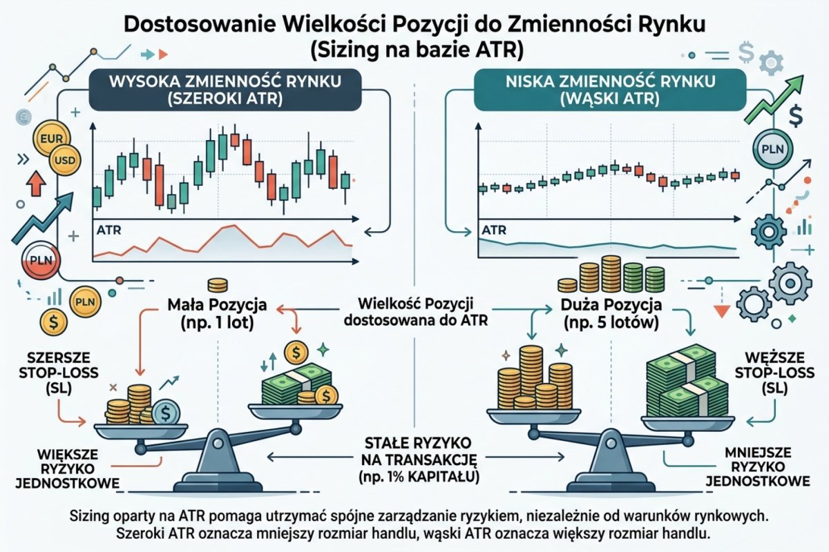 Wolumen wyprowadzony z zakresu ruchu — przy szerszym zakresie odległość wyjścia rośnie, a wolumen maleje w tej samej proporcji; budżet ryzyka R pozostaje bez zmian, a po zaokrągleniu wolumenu w dół rzeczywiste wykorzystanie budżetu jest mniejsze