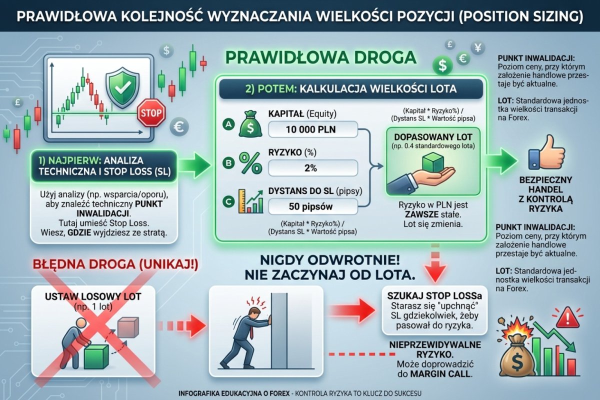 Kolejność ustalania: punkt unieważnienia wyznacza odległość wyjścia, a odległość razem z kapitałem i procentem ryzyka wyznacza wolumen — nigdy odwrotnie