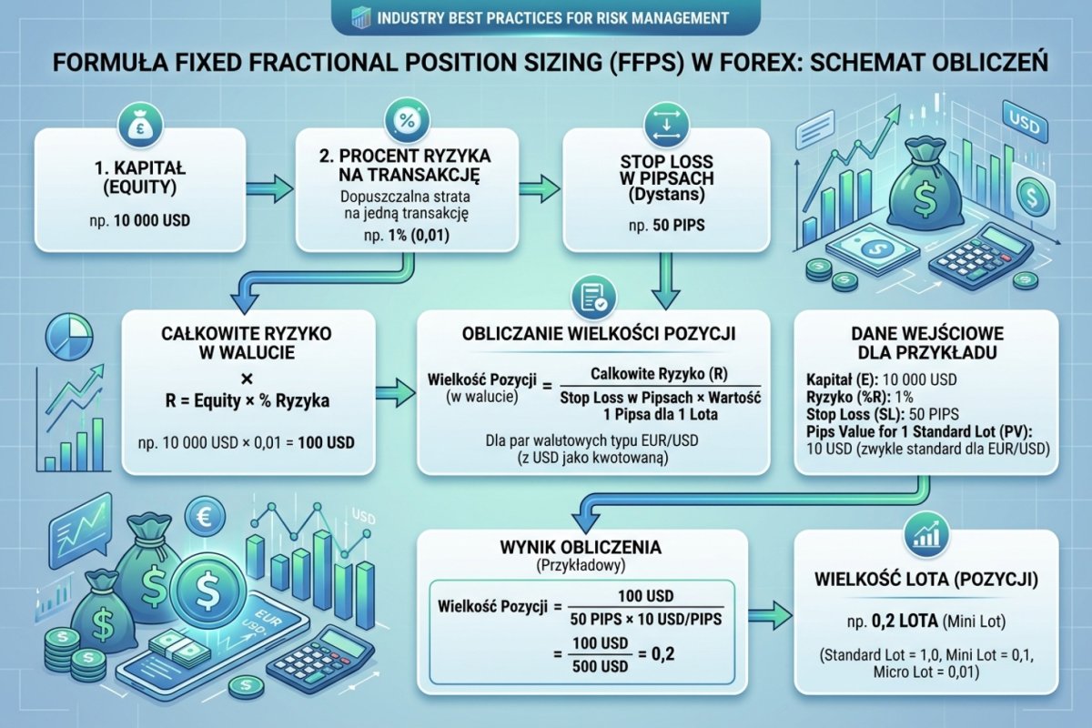 Kolejność rachunku przy stałej frakcji kapitału: kapitał → procent ryzyka → odległość wyjścia w pipsach → wartość pipsa po przewalutowaniu → wolumen surowy → wolumen po zaokrągleniu w dół