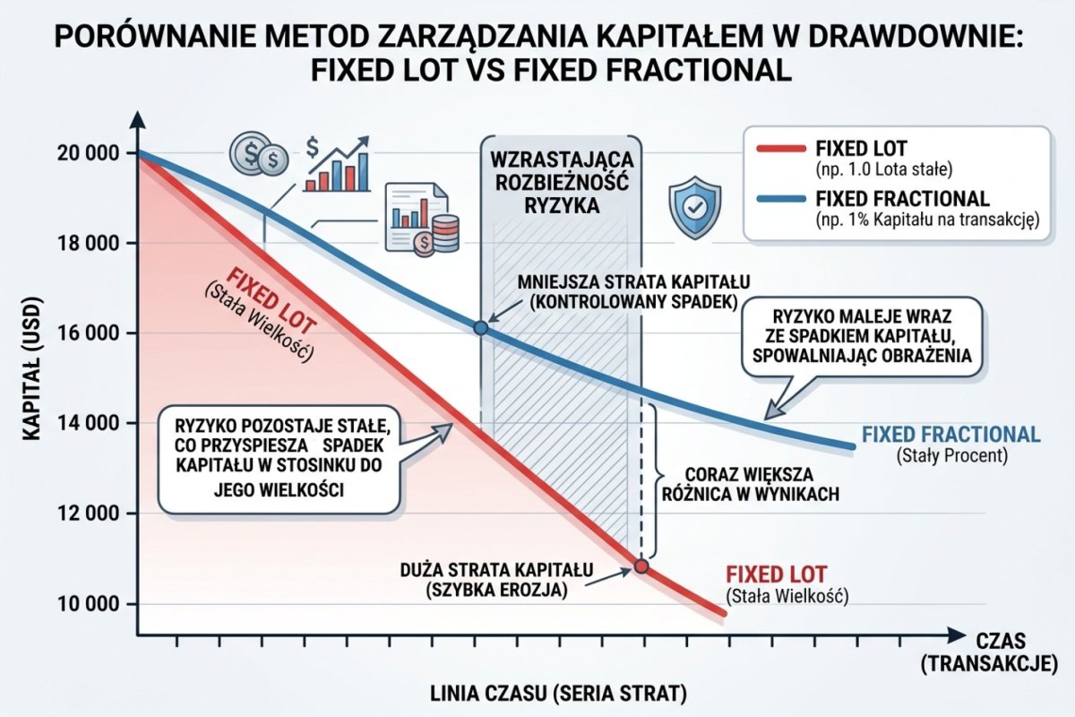Stały wolumen wobec stałej frakcji przy malejącym kapitale — przy stałym wolumenie procent ryzyka rośnie wraz z obsunięciem, przy stałej frakcji procent ryzyka pozostaje ten sam do momentu zaokrąglenia wolumenu w dół i do progu wolumenu minimalnego, poniżej którego reguła przestaje działać